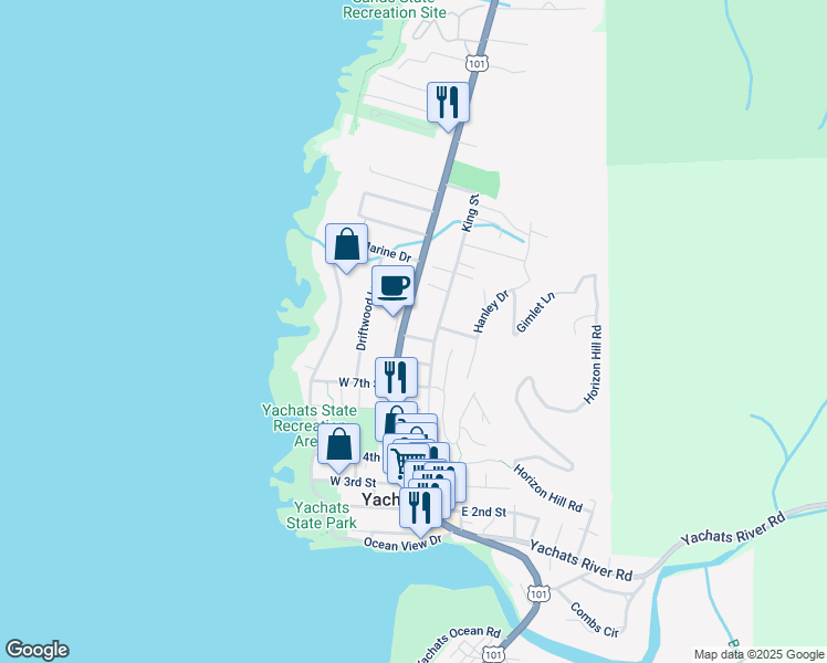 map of restaurants, bars, coffee shops, grocery stores, and more near 31-77 East 9th Street in Yachats
