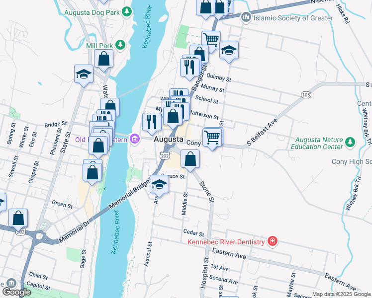 map of restaurants, bars, coffee shops, grocery stores, and more near 110 Cony Street in Augusta