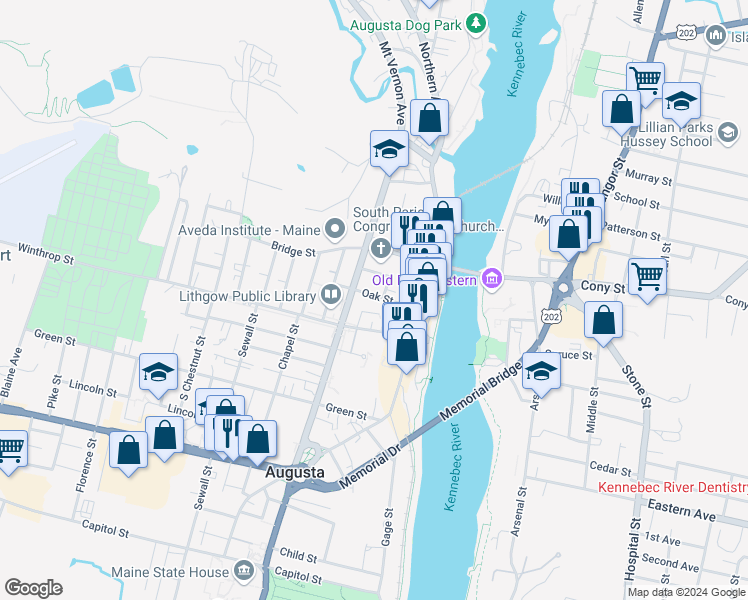 map of restaurants, bars, coffee shops, grocery stores, and more near 5 Flagg Street Place in Augusta