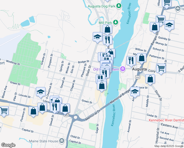 map of restaurants, bars, coffee shops, grocery stores, and more near 40 Oak Street in Augusta