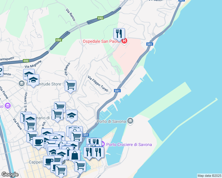 map of restaurants, bars, coffee shops, grocery stores, and more near 25 Via Ignazio Scotto in Savona