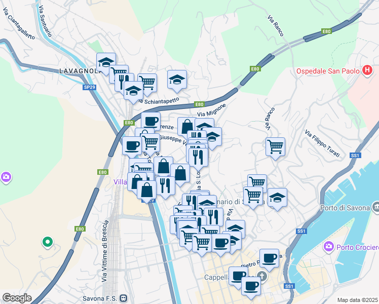 map of restaurants, bars, coffee shops, grocery stores, and more near 23 Via Milano in Savona