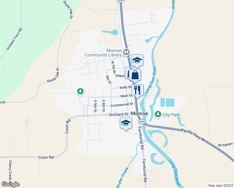 map of restaurants, bars, coffee shops, grocery stores, and more near 663 Main Street in Monroe