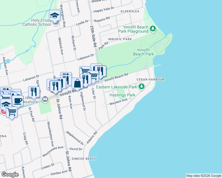 map of restaurants, bars, coffee shops, grocery stores, and more near 782 Hastings Avenue in Innisfil