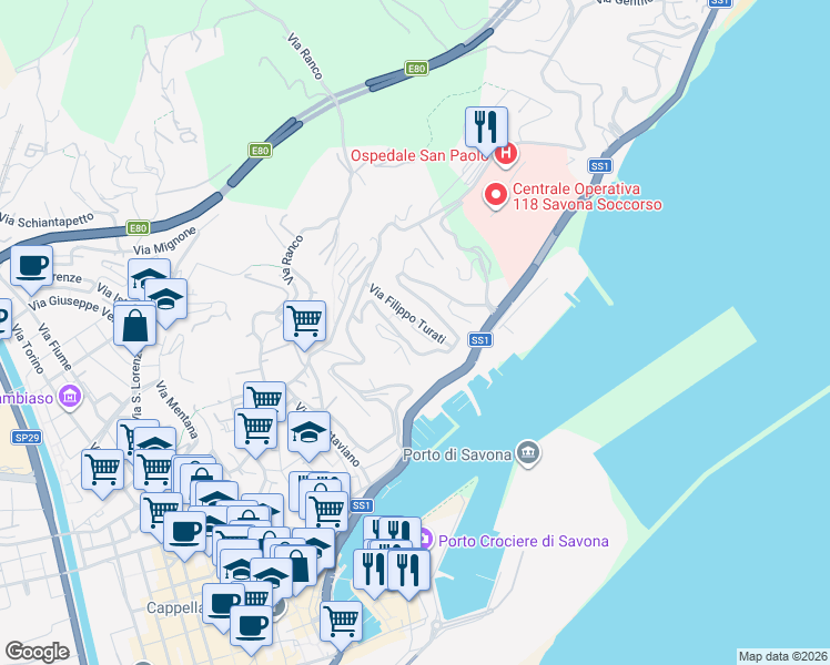 map of restaurants, bars, coffee shops, grocery stores, and more near 7 Via Filippo Turati in Savona