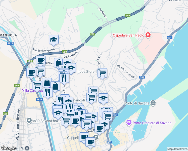 map of restaurants, bars, coffee shops, grocery stores, and more near 4 Via Loreto Vecchia in Savona