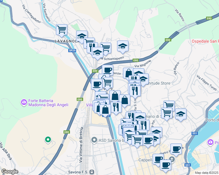 map of restaurants, bars, coffee shops, grocery stores, and more near 19 Via Amalfi in Savona