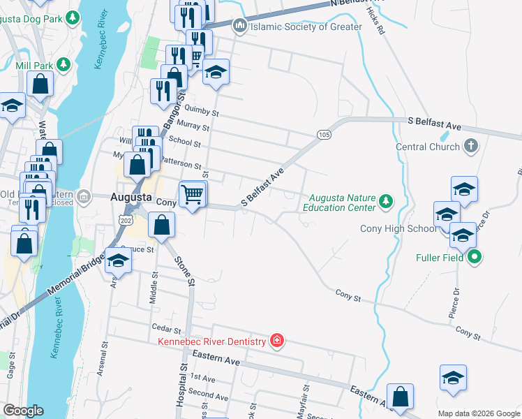 map of restaurants, bars, coffee shops, grocery stores, and more near 2 Pine Street in Augusta