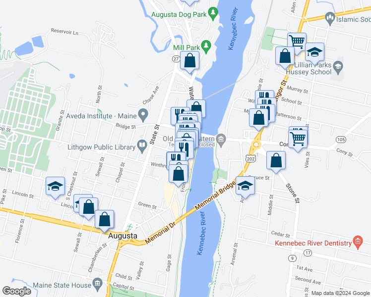map of restaurants, bars, coffee shops, grocery stores, and more near 228 Water Street in Augusta