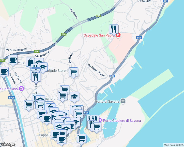 map of restaurants, bars, coffee shops, grocery stores, and more near 35 R Via Filippo Turati in Savona