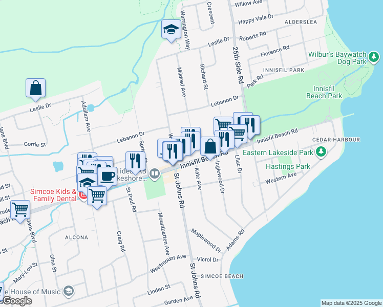 map of restaurants, bars, coffee shops, grocery stores, and more near 898 Innisfil Beach Road in Innisfil