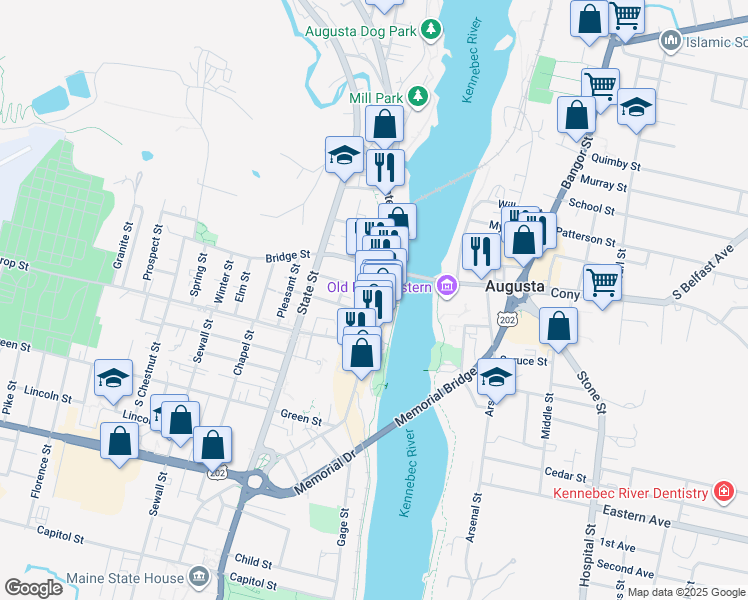 map of restaurants, bars, coffee shops, grocery stores, and more near 121 Commercial Street in Augusta