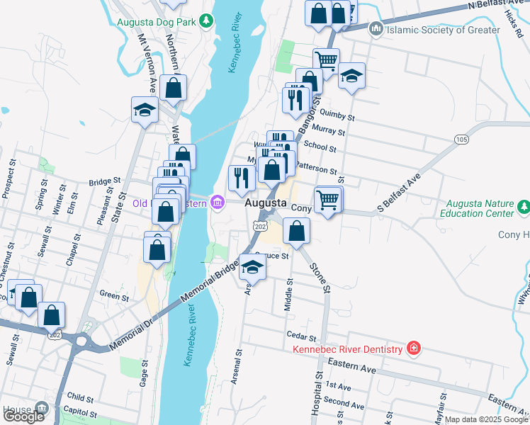 map of restaurants, bars, coffee shops, grocery stores, and more near Cony Circle in Augusta