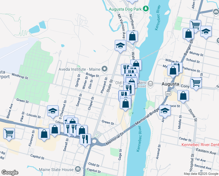 map of restaurants, bars, coffee shops, grocery stores, and more near 40 Oak Street in Augusta