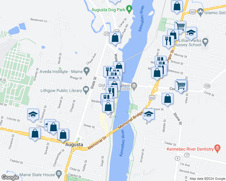 map of restaurants, bars, coffee shops, grocery stores, and more near 121 Commercial Street in Augusta