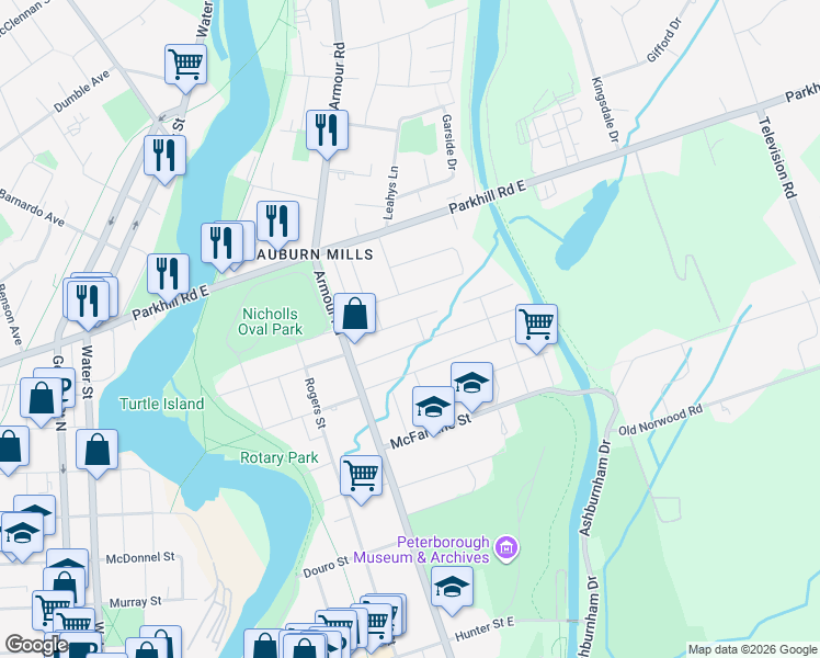 map of restaurants, bars, coffee shops, grocery stores, and more near in Peterborough