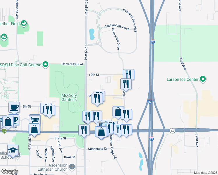 map of restaurants, bars, coffee shops, grocery stores, and more near 2401 9th Street in Brookings