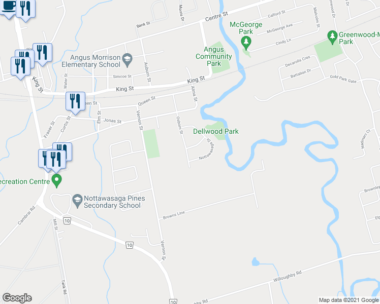 map of restaurants, bars, coffee shops, grocery stores, and more near 2 McQueen Street in Angus