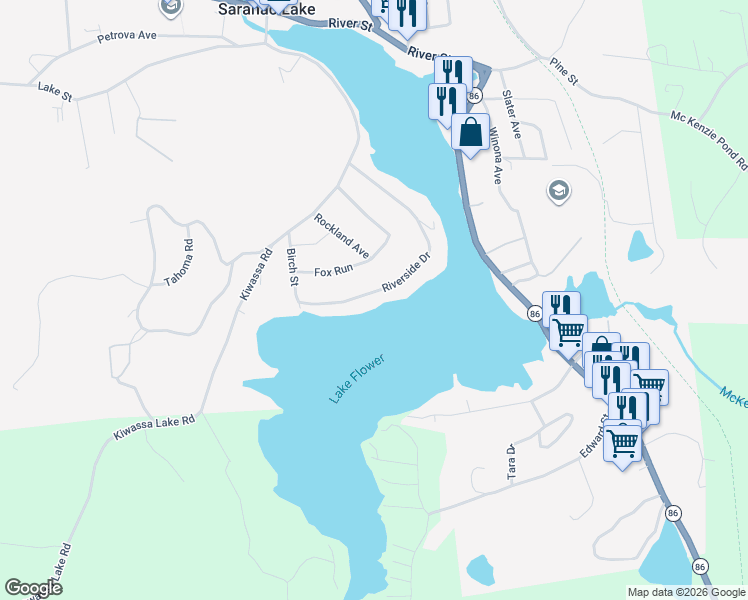 map of restaurants, bars, coffee shops, grocery stores, and more near 159 Riverside Drive in Saranac Lake