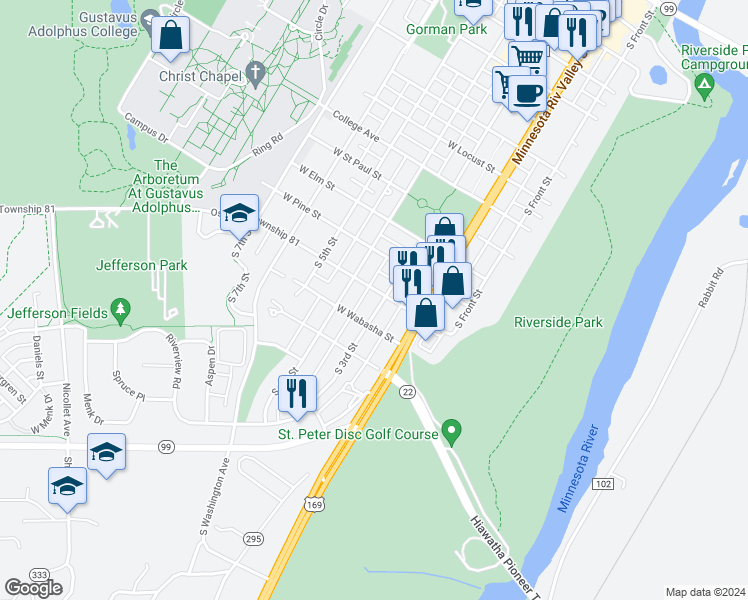 map of restaurants, bars, coffee shops, grocery stores, and more near 300 Jefferson Avenue in Saint Peter