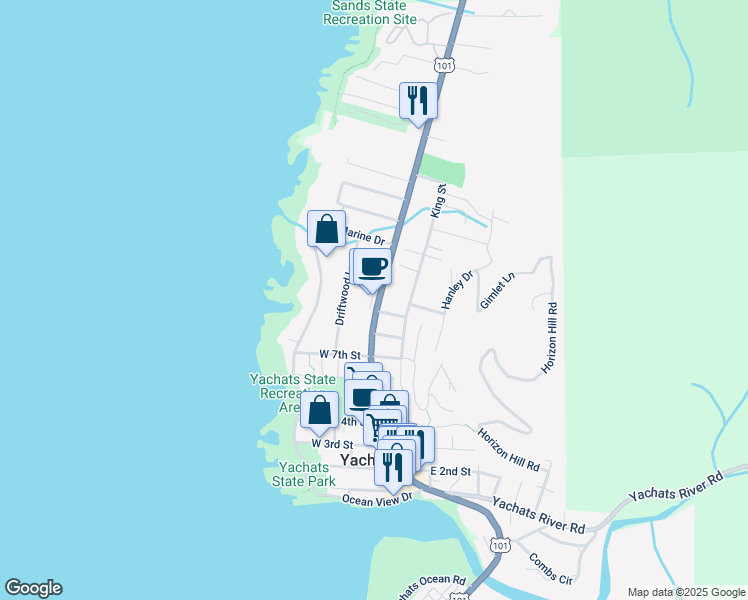 map of restaurants, bars, coffee shops, grocery stores, and more near 31 East 9th Street in Yachats