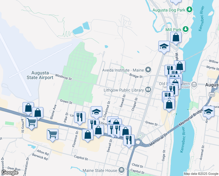 map of restaurants, bars, coffee shops, grocery stores, and more near Winthrop Street in Augusta