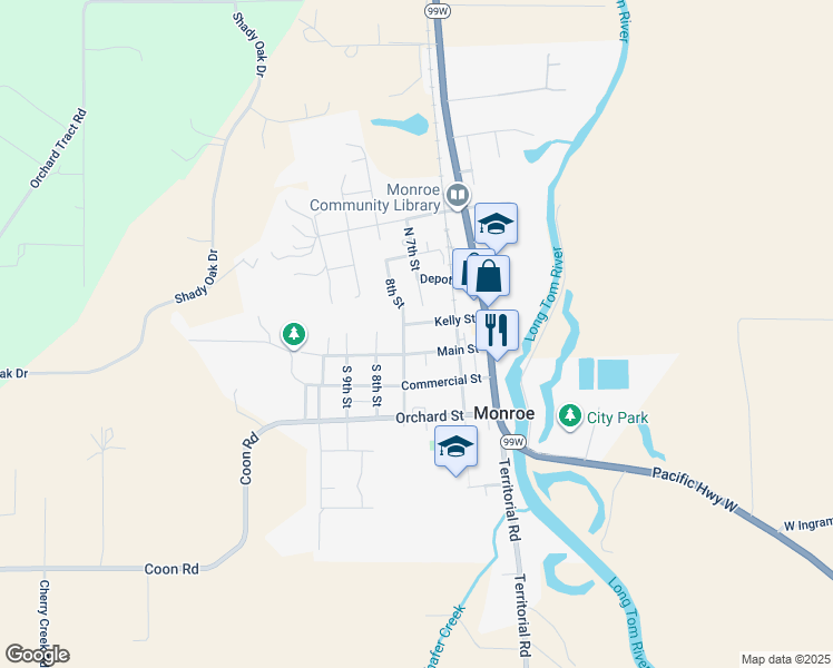 map of restaurants, bars, coffee shops, grocery stores, and more near 663 Main Street in Monroe