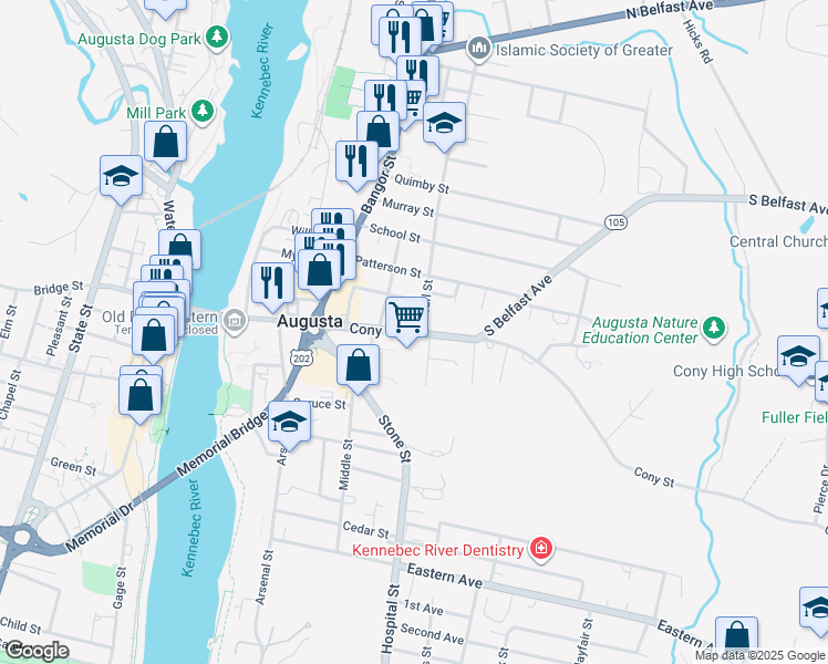 map of restaurants, bars, coffee shops, grocery stores, and more near 3 Viles Street in Augusta