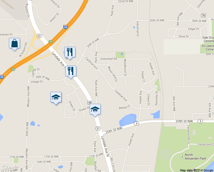 map of restaurants, bars, coffee shops, grocery stores, and more near 2413 Cardinal Avenue in Faribault