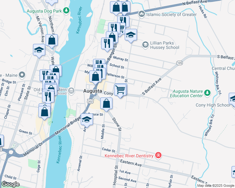 map of restaurants, bars, coffee shops, grocery stores, and more near 134 Cony St in Augusta