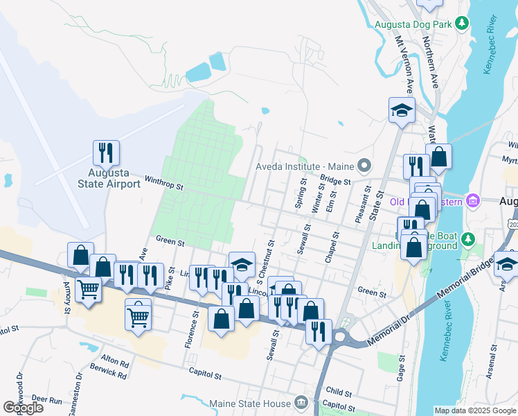 map of restaurants, bars, coffee shops, grocery stores, and more near 120 Winthrop Street in Augusta