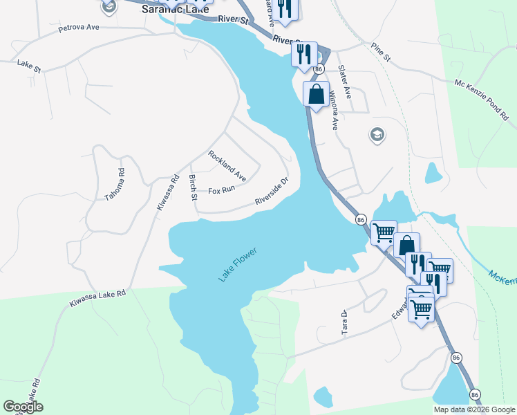 map of restaurants, bars, coffee shops, grocery stores, and more near 159 Riverside Drive in Saranac Lake