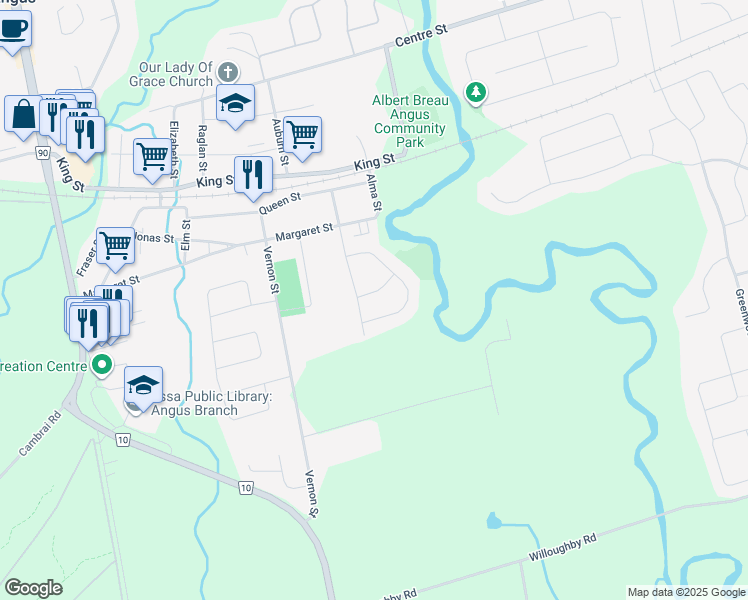 map of restaurants, bars, coffee shops, grocery stores, and more near 2 McQueen Street in Angus