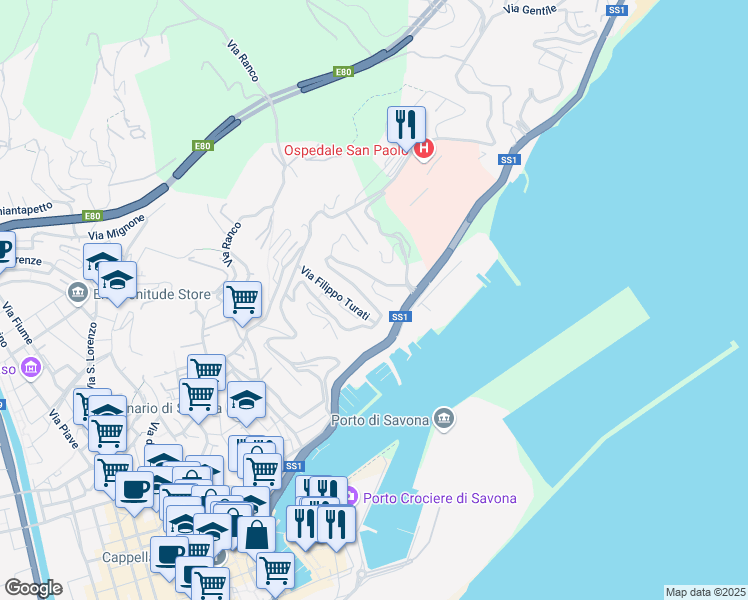 map of restaurants, bars, coffee shops, grocery stores, and more near 25 Via Ignazio Scotto in Savona