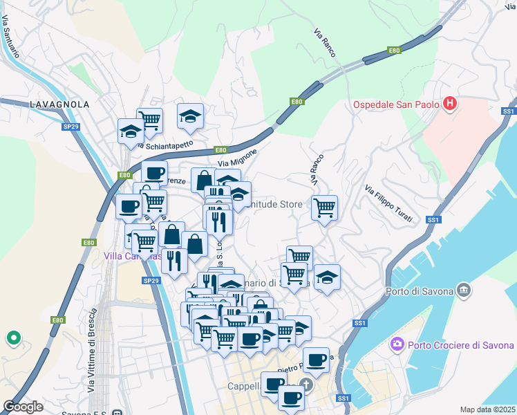 map of restaurants, bars, coffee shops, grocery stores, and more near 28 Via Filippo Corridoni in Savona