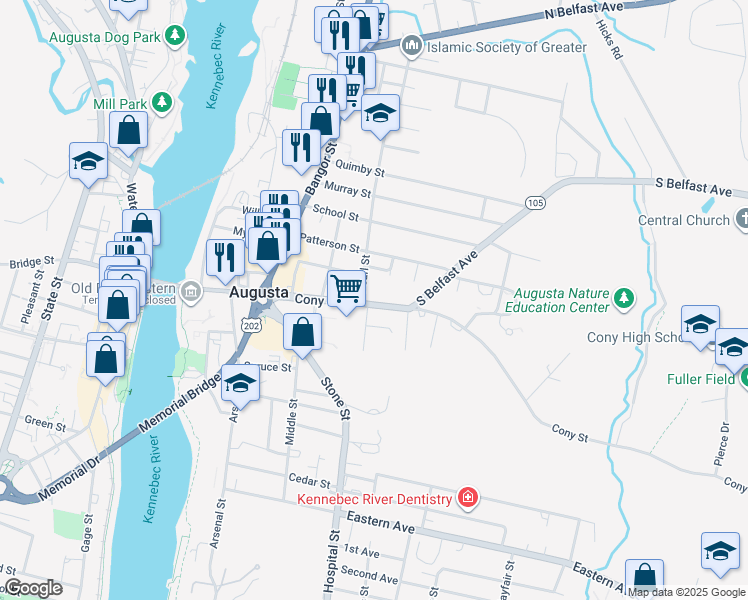 map of restaurants, bars, coffee shops, grocery stores, and more near 157 Cony Street in Augusta