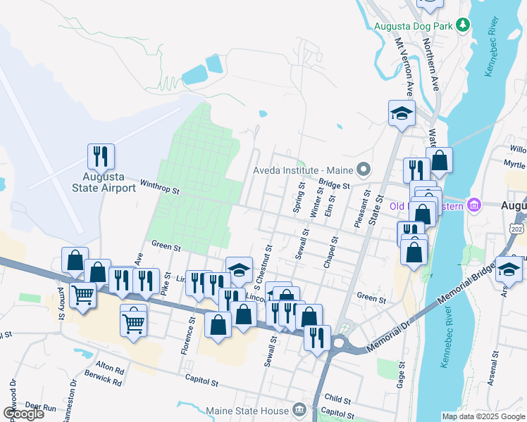 map of restaurants, bars, coffee shops, grocery stores, and more near Winthrop Street in Augusta