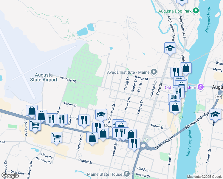 map of restaurants, bars, coffee shops, grocery stores, and more near 113 Winthrop Street in Augusta