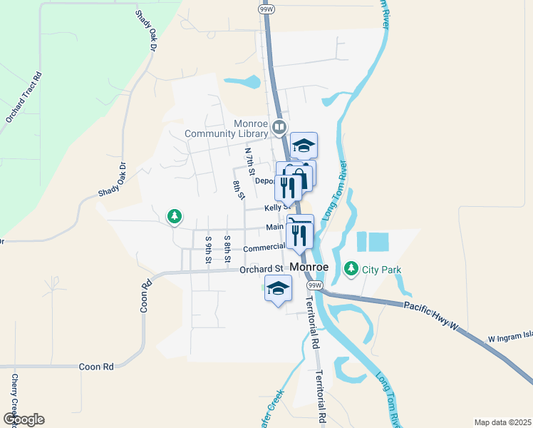 map of restaurants, bars, coffee shops, grocery stores, and more near 663 Main Street in Monroe