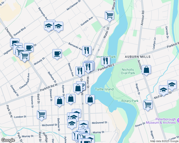 map of restaurants, bars, coffee shops, grocery stores, and more near 734 Water Street in Peterborough