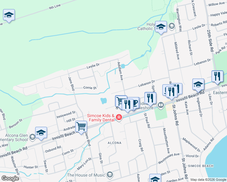 map of restaurants, bars, coffee shops, grocery stores, and more near 1092 Lebanon Drive in Innisfil