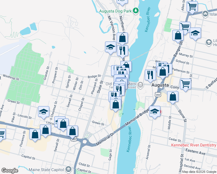 map of restaurants, bars, coffee shops, grocery stores, and more near 5 Flagg Street Place in Augusta