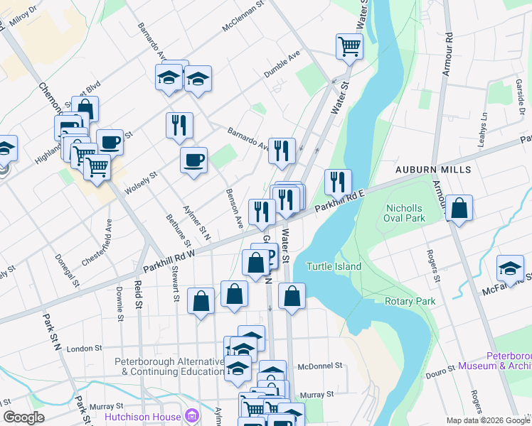 map of restaurants, bars, coffee shops, grocery stores, and more near 723 George Street North in Peterborough