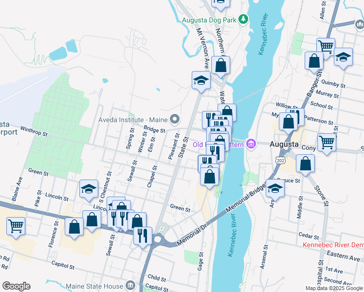 map of restaurants, bars, coffee shops, grocery stores, and more near 70 State Street in Augusta