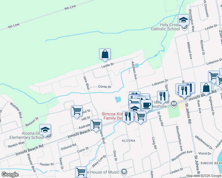 map of restaurants, bars, coffee shops, grocery stores, and more near 1087 Corrie Street in Innisfil