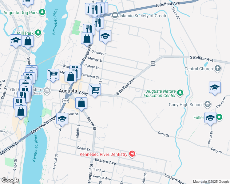 map of restaurants, bars, coffee shops, grocery stores, and more near 157 Cony Street in Augusta