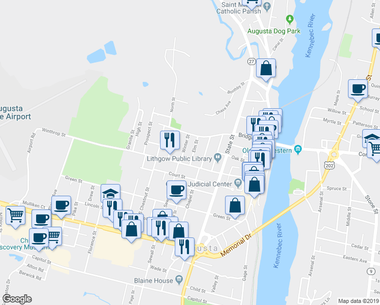 map of restaurants, bars, coffee shops, grocery stores, and more near 10 Elm Street in Augusta