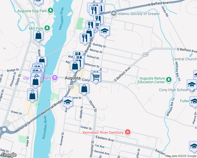 map of restaurants, bars, coffee shops, grocery stores, and more near 3 Viles Street in Augusta
