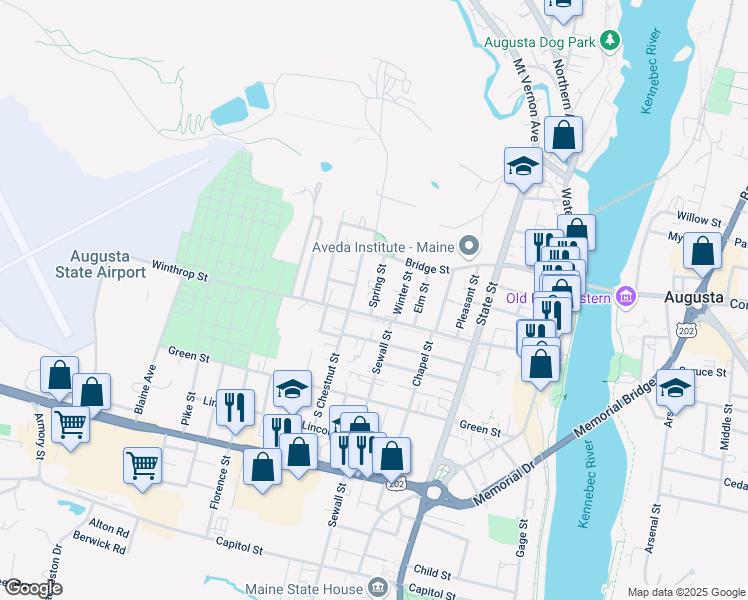 map of restaurants, bars, coffee shops, grocery stores, and more near 20 Spring Street in Augusta