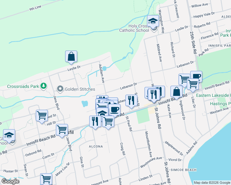 map of restaurants, bars, coffee shops, grocery stores, and more near 2155 Adullam Avenue in Innisfil
